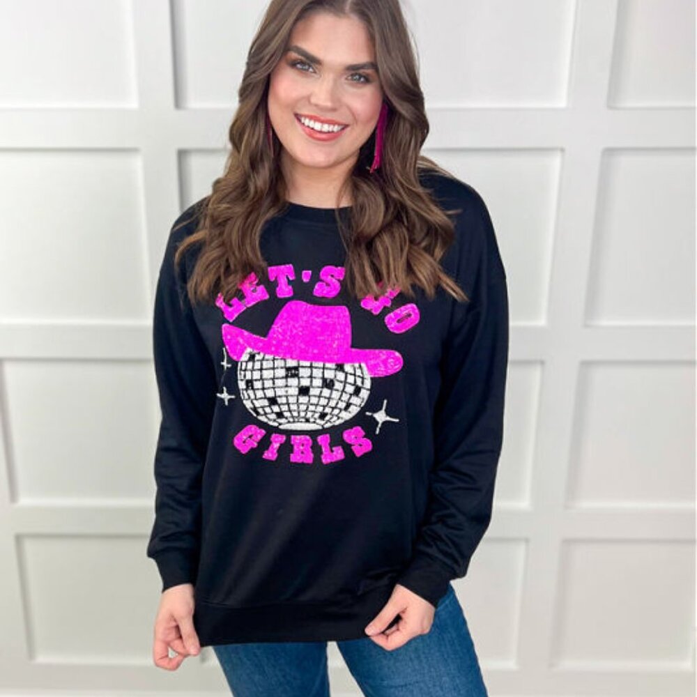 New Jess Lea Let's Go Girls Sequin Disco Ball Black Sweatshirt